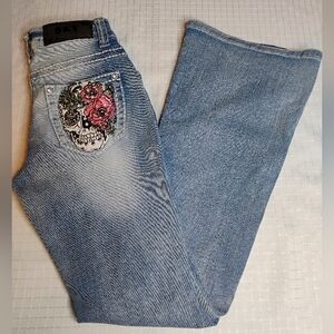 Sky Women's Flare Jeans with Floral Skull Embroidery